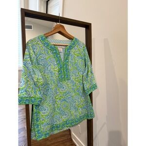 Gretchen Scott Women's Turquoise Green Paisley Print Tunic Top Size Small Cotton